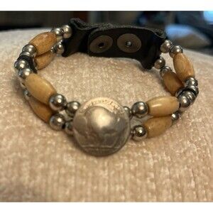 Vintage Buffalo Head Nickel leather wood and metal adjustable Bracelet unisex